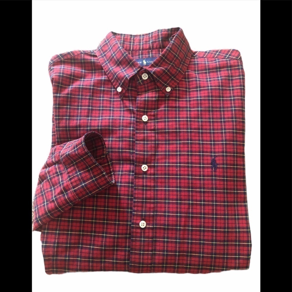 Ralph Lauren Red Classic Fit Plaid Tartan Button-Down Shirt L Casual Fridays